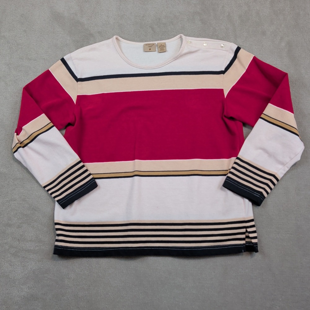 Mountain Lake Vintage Aesthetic Striped Shoulder Button Top XL Red Cream Navy